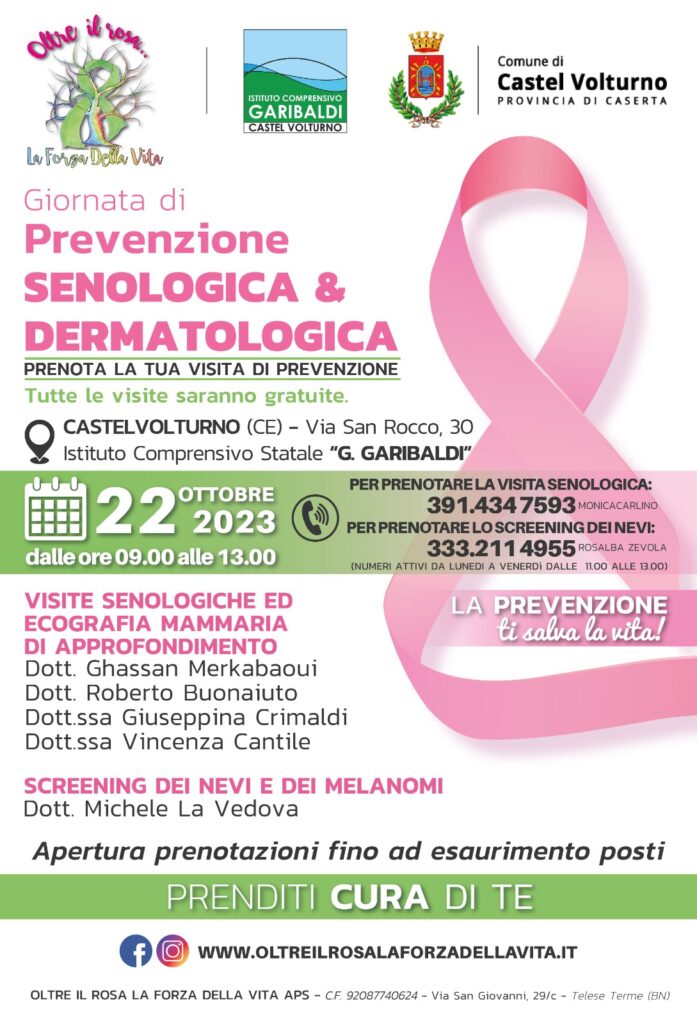 Locandina giornata di prevenzione senologica dermatologica a Castel Volturno presso Ics G. Garibaldi, del 22 ottobre 2023