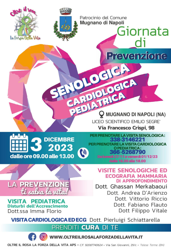 Locandina della giornata di prevenzione del 3 dicembre 2023 a Mugnano di Napoli con visite senologiche, cardiologiche e pediatriche