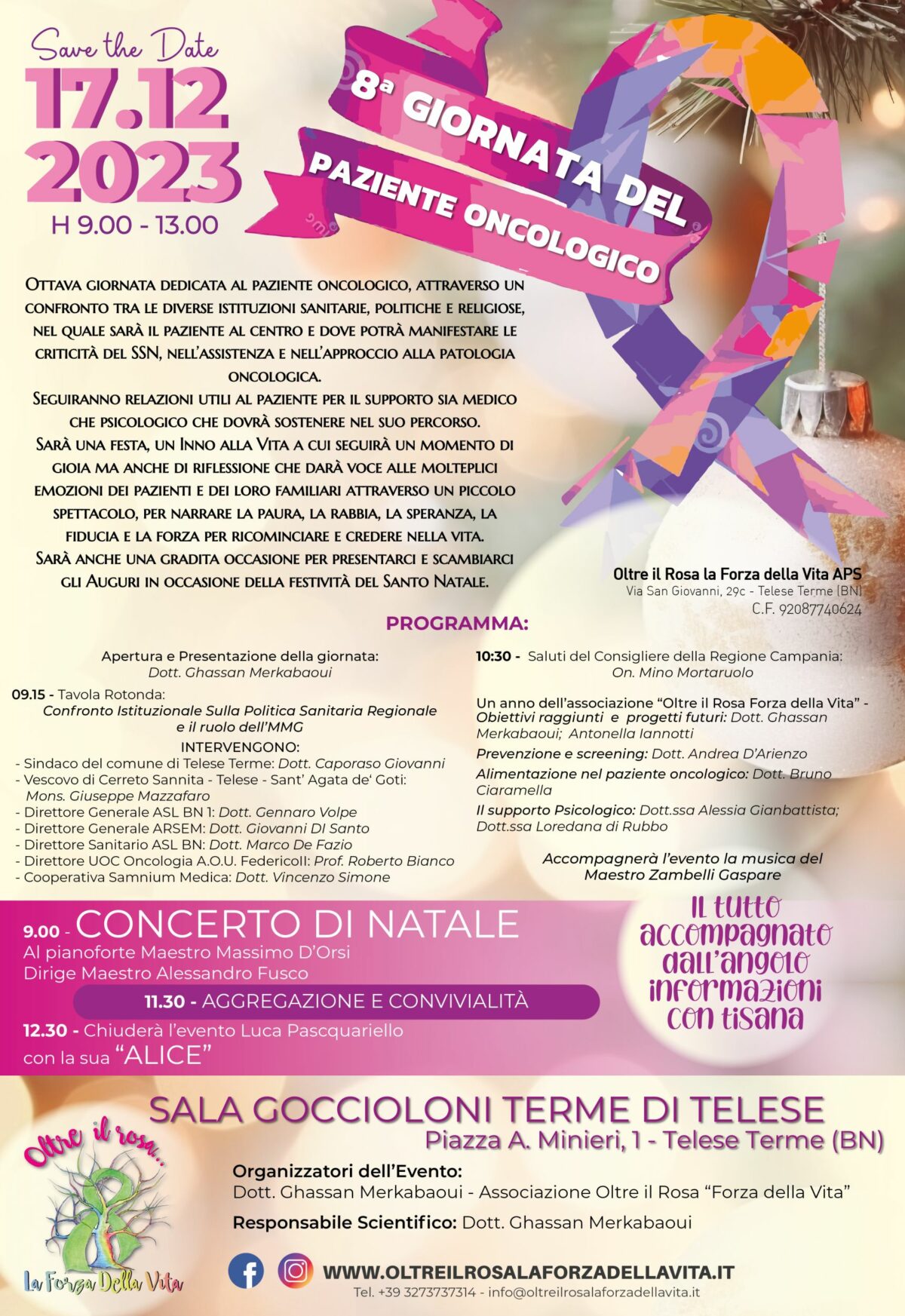 Locandina e programma dell'ottava giornata del paziente oncologico, 17 dicembre 2023, Sala Goccioloni presso le Terme di Telese, Telese Terme