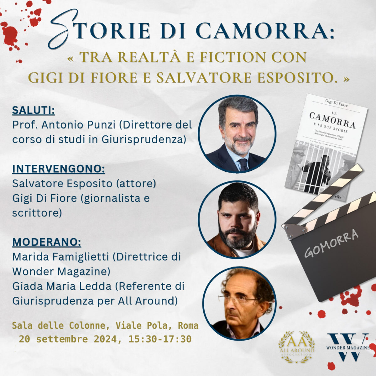 Locandina del convegno "Storie di Camorra, tra realtà e fiction" con Gigi Di Fiore e Salvatore Esposito, presso la Luiss Guido Carli University, Roma